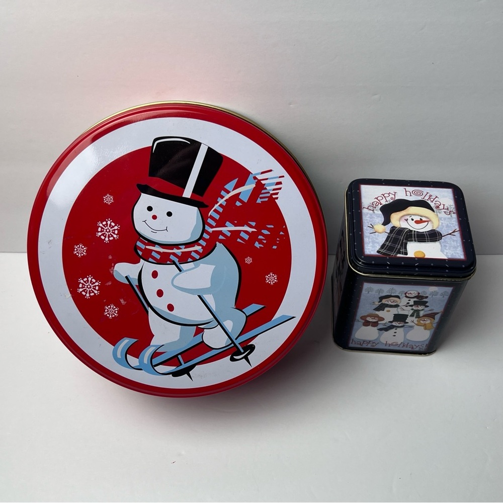 Festive Snowman Tin Set Vintage Christmas Lidded Square Circle Cookie Container